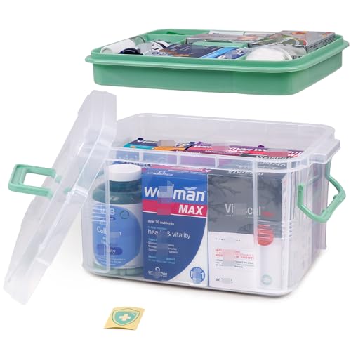 DOUKE 15qt Clear Medicine Organizer Storage Box with Handle, Plastic Empty First Aid Box with Tray, Multipurpose Medical Storage Container, Medication Organizer Chest for Home, Baby, Elderly, Dorm