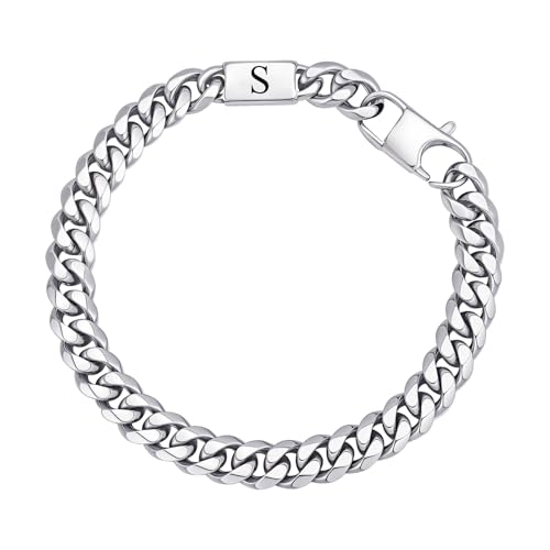 Bracelet Homme Argent Lettre A-Z - Initiales Bracelets Gourmette Chaine Cubaine en Acier Inxoydable 21CM Long, Cadeau Anniversaire Noël Fêtes des Pères...