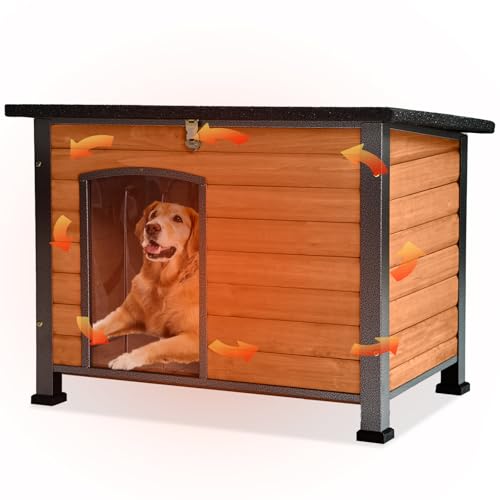 GUTINNEEN Large Outdoor Insulated Dog House Weatherproof Dog Kennel Indestructible Dog Shelter with...