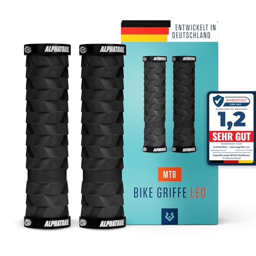 Alphatrail MTB Griffe Leo I Optimierte Dämpfung für grobe MTB Trails I Starke Double Lock-On Befestigung für Ø 22mm Lenker I Langlebige Fahrrad Griffe in Schwarz mit ökologischer Gummimischung
