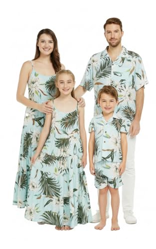 Image of Wispy Cereus Light Blue Family Matching Hawaiian Clothes | Family Matching Outfits • Soft Rayon Fabric • Tropical Floral Print • Vacation Ready • Luau Party Wear