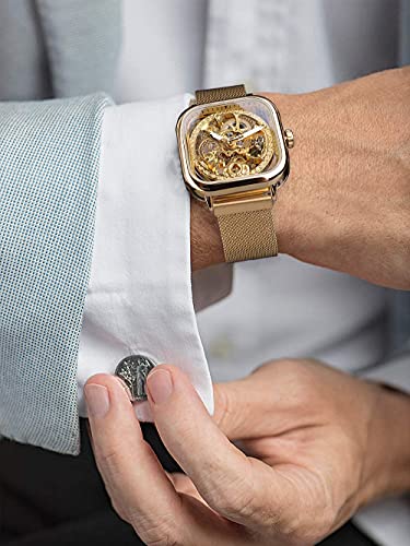 FORSINING Stainless Steel Fashion Analogue Men's Watch (Gold Dial Gold Colored Strap)