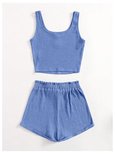 Image of RoseSeek Girl's 2 Piece Outfits Waffle Knit Scoop Neck Button Down Crop Tank Tops Paperbag Waist Track Shorts