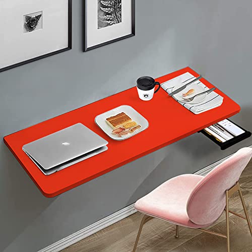 Image of QARA Solid Wood Wall Mounted Folding Round Corner Study Table| Wall Mount Table with Drawer | Foldable Laptop Desk for Home and Office Computer (Red, 16 x 32 inch)