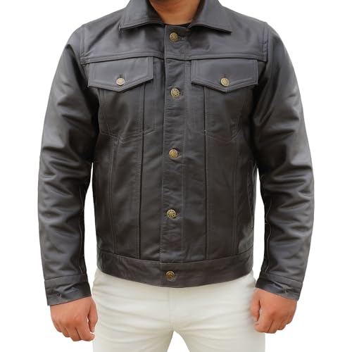 Image of Vintage Style Trucker Jacket Men - Classic Fashion Motorcycle Leather Jacket for Men Collar Jackets For Mens