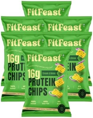 FitFeast Protein Chips - Cream and Onion Flavour | Pack of 6 x 60 g Each | 16g Plant Protien Per 60g Serve | Baked, Not Fried | Multigrain Snacks | As Seen on Shark Tank