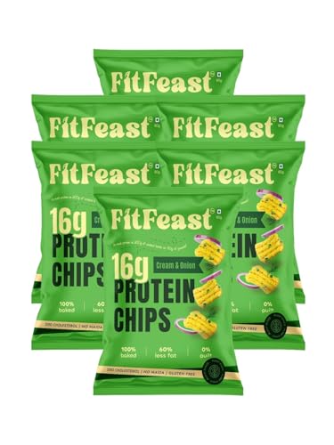 Image of FitFeast Protein Chips - Cream and Onion Flavour | Pack of 6 x 60 g Each | 16g Plant Protien Per 60g Serve | Baked, Not Fried | Multigrain Snacks | As Seen on Shark Tank
