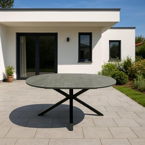 DEGAMO Gartentisch Ausziehtisch Lyon 140cm rund, ausziehbar auf 200cm, Aluminium anthrazit + ECP in Keramikoptik hellgrau, Outdoor