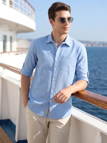Image of Thomas Scott Men's | Solid | Premium Linen Blend | Spread Collar | Summer Wear | Long Sleeve | Shirts for Men