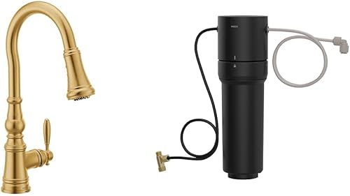 Moen Brushed Gold Weymouth - Grifo de cocina desplegable de una manija con filtración de agua 3 en 1, FS73004BG con sistema avanzado de filtración