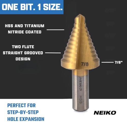 Image of NEIKO 10618A Step Drill Bit, 1 Step 7 /8 inch Straight High Speed Steel, Titanium Nitride Coated, 3 /8 inch Tri-Flat Step Bits for Steel, Metal, Wood, Plastic, Unibit Cone Drill Bits, Two Flute