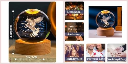 Image of 3D Galaxy Crystal Ball Night Light | Dimmable Engraved LED Glass Ball Table Lamp with USB and Wooden Base for Home Decor, Office, Birthday Gift & Kids Bedroom (Unicorn)
