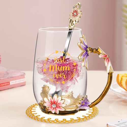 DOITGO Mothers Day Gifts for Mum from Daughter Son,12 Oz Flower Glass Coffee Mugs Tea Cup with Spoon,Mum Birthday Gifts for Stepmum Wife,Mothers Day Presents for Grandma Women on Christmas - Image 7