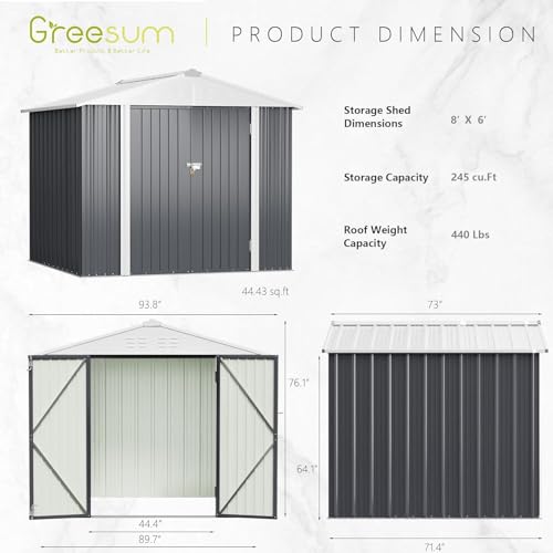 Image of Greesum 8x6FT Outdoor Storage Shed, Utility Tool Shed with Sloping Roof, Metal Storaged Garden Shed with Door & Lock for Patio Storage, Gray