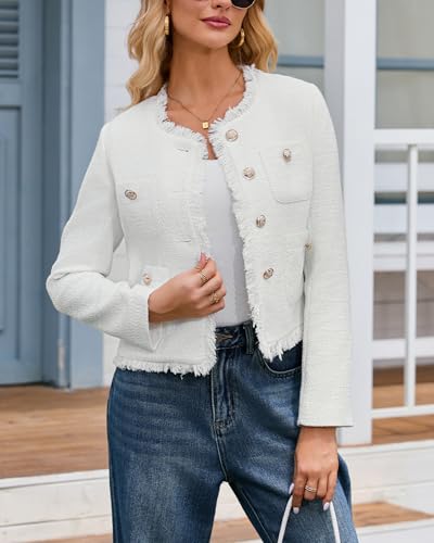 Cropped Tweed Blazer Jackets for Women Elegant Collarless Long Sleeve Button Down Work Office Blazer Jacket2