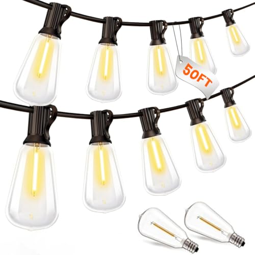 Image of Outdoor ST38 String Lights 50ft Decorative LED Bulbs IP65 Waterproof Shatterproof for Indoor /Outdoor Lighting Energy Saving Hanging Light for Cafe Restaurant Garden Balcony (50+2 Bulbs)