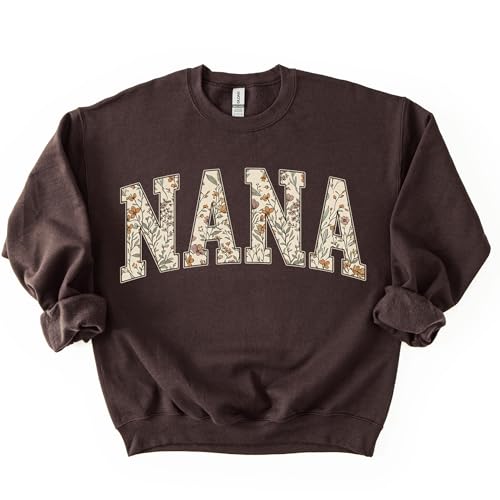 Daytee Womens Mama Grandma Auntie Sweatshirt - Botanical Floral Varsity Letter Crewneck - Dark Chocolate Brown Pullover (US Alpha Small Regular Regular Nana)