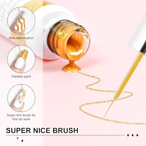 VIVAALI Gel Liner Nail Polish Set,4 Colors Black White Nail Polish Gold Silver Glitter Liner Gel with Thin Brush in Bottle for Swirl/Euphoria French Tips Manicure Painting 8ml