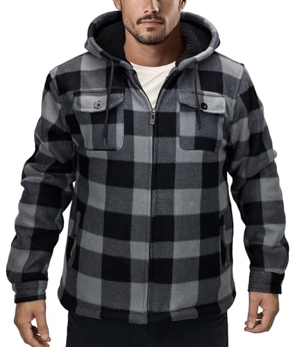Image of Men's Flannel Jacket Hoodie Full Zip Up Plaid Thick Fleece Sherpa Lined Sweatshirt Winter Warm Coats