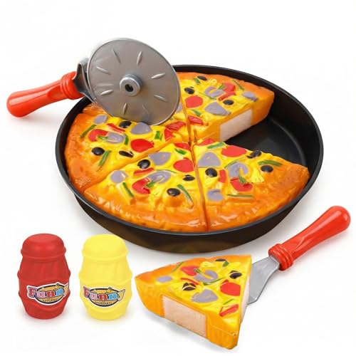 11 PCS Pizza Party Toy Play Set for Kids, Pizza Pie Pretend Play Food - Slice and Serve Plastic Kitchen Cooking and Cutting Playset