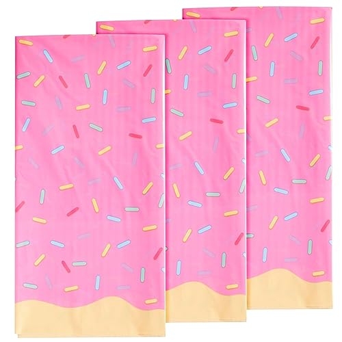 Image of BLUE PANDA 3-Pack (3 Tablecloths) Pink Donut Party Table Covers | Disposable Plastic Sprinkle Tablecloths | Waterproof Surface Protection Birthday Decorations for Kids - 54x108 in