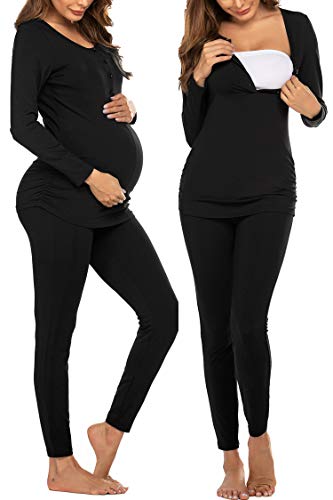 Ekouaer Maternity Thermal Underwear for Women Ultra Soft Smooth Knit Henley Long Johns Set Base Layer Top & Bottom (Black XXL)