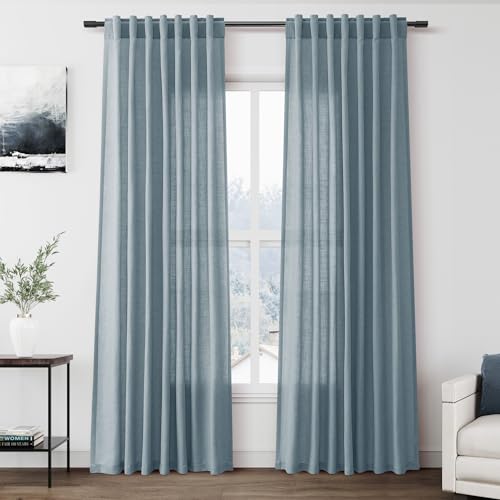 Image of Nanspring Light Blue Linen Curtains 84 Inch Length 2 Panels Set for Living Room Rod Pocket Back Tab Light Filtering Window Drapes for Bedroom Dining Room Protect Privacy Modern Farmhouse Decor 52x84