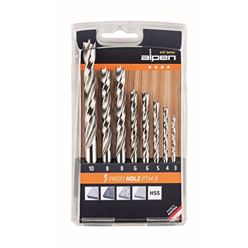 ALPEN Spiralbohrer PROFI Holz 8-teilig (ø 3-10 mm, Holzspiralbohrer, Set in der Kunststoffkassette, für Weich- und Hartholz) 600093100