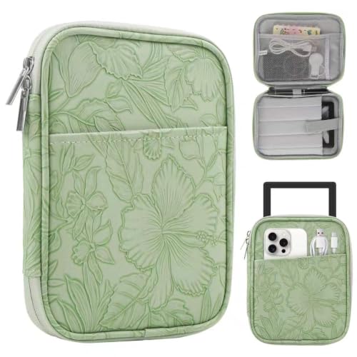 HoYiXi Universal Sleeve Bag for 6-6.8 inch E-Book Reader Compatible with 6.8" Kindle Paperwhite 2025-2012/6" All-new Kindle/Kobo/Pocketbook,6" EReader with Anti-Drop Protective Cover,Green Leaves