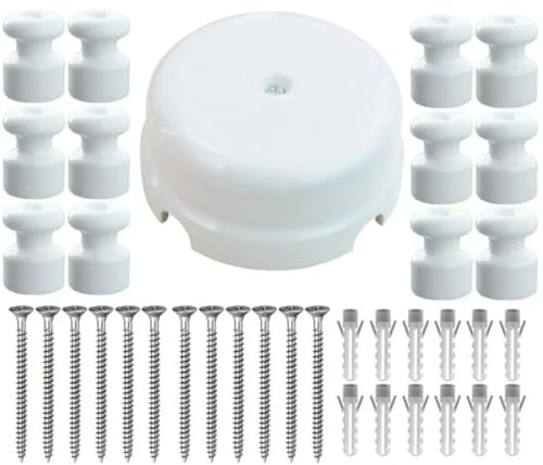 OASHISU Kit [caja de derivación de porcelana] + [12 aisladores de porcelana] para instalaciones de 4 orificios para entrada/salida del cable, blanco brillante, cubre cables y cubrecables de cerámica