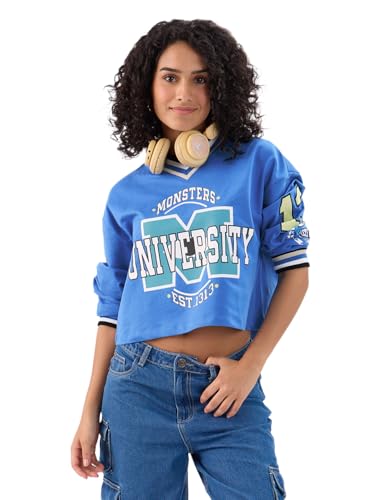 Image of The Souled Store Official Pixar: Monster University Women and Girls Long Sleeve V Neck Blue Graphic Printed Cotton Oversized Cropped T-Shirts