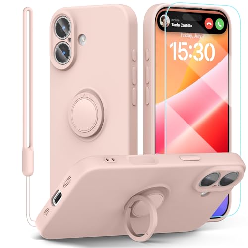 pcgaga Compatible with iPhone 17 Case 6.3 inch, Silicone Slim Design with Screen Protector [Ring Holder Stand] [Wrist Strap] [Microfiber Lining] Shockproof Protective Case Cover, Pink