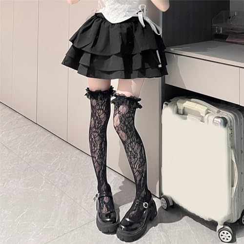 Socks,Fishnet Thigh Highs Stockings for Women JK Girl Flower Patterned Lace Ruffle Trim Frilly Over Knee Socks3