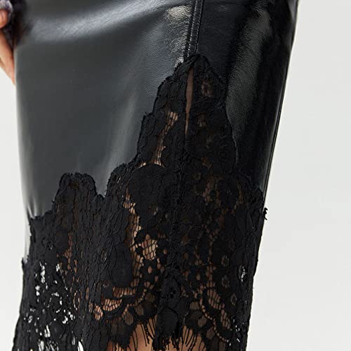Stylish Midi Wrapped Skirt For Womens Soft Pencil High Waist Sexy Lace Faux Leather Zipper Bodycon Skirts Black #TOP3