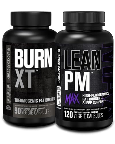 Jacked Factory Burn XT Thermogenic Fat Burner - Appetite Suppressant & Nootropic Energy Booster (90 Capsules) & Lean PM Max High-Performance Weight Loss, Sleep Support | (120 Capsules)