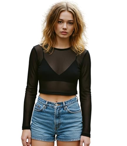 Image of STAR FASHION Women’s Sheer Mesh Crop Top Long Sleeve See Through Top Ladies Stretchy Crew Neck Cropped Clubwear Party Festival Top Black-8