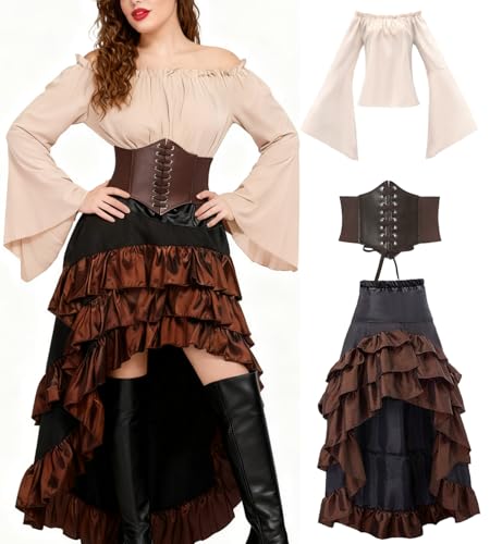 minkasic Mittelalter Piratenkostüm Set Mittelalter Kleid Damen mit Piraten Korsett Oberteil Rock Faschingskostüm für Halloween Karneval Cosplay (Braun, S)