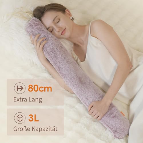 samply Lang Wärmflasche mit Bezug Flauschig, Groß Schlauch 3 Liter Long Hot Water Bottle mit Zum Umbinden, Bettflasche für Frauen Männer (Grau)