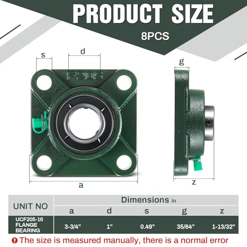 Gisafai 8 Pcs UCF205-16 Pillow Block Bearing with 1" Bore Flange Mounted Pillow Block Ball Bearing Self Alignment Cast Iron Housing Steel Unit for Industry, Green by Gisafai - Image 2