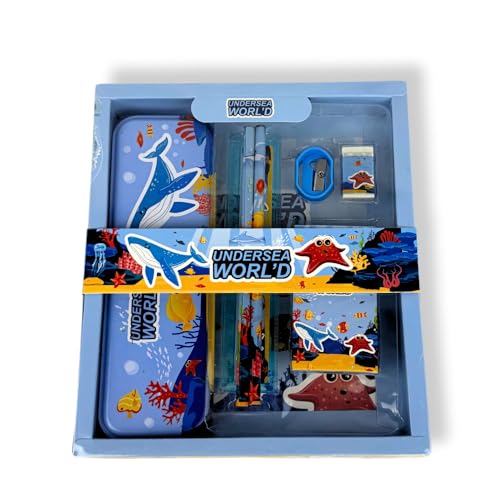 Kit Escolar Infantil 7 em 1, Conjunto com Estojo, Lápis, Régua, Apontador e Borracha, Temas Espacial, Dinossauro e Fundo do Mar, Material Escolar Completo (Azul claro)