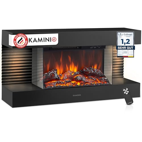 KAMINIO Elektrokamin Liz - Elektrischer Wandkamin mit Heizung, 3D-Flammeneffekt, LED-Ambientelicht, Fernbedienung (Schwarz)