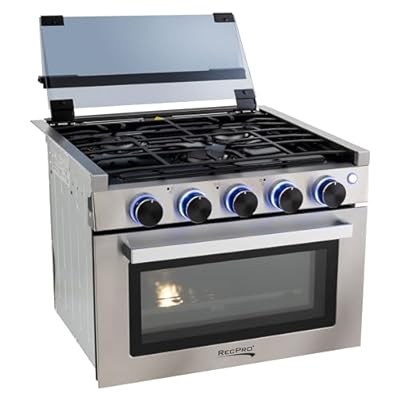 RecPro RV Stove Stainless Steel Finish | Gas Range 17" Tall | 6500 and 8000 BTU Three Burner | 7100 BTU Oven with 1.24 Cu. Ft. Capacity | Optional Range Hood