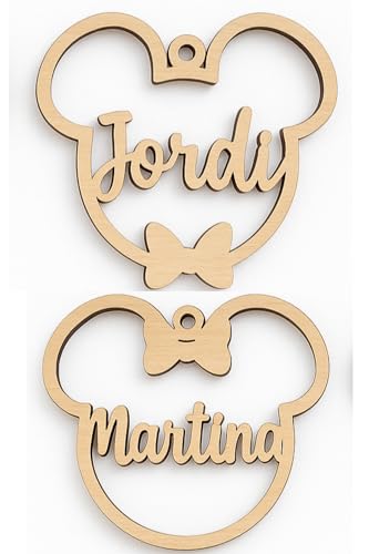 Bola MICKEY, MINNIE de navidad de madera personalizada con nombre, cordel incluido, Adornos navideños. Ornamento Decoraciones colgantes de Navidad para el árbol de Navidad. Decoración navideña.