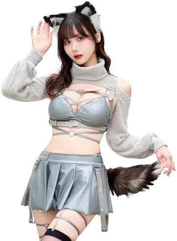 [Malymoon] コスプレ アニマル 動物 ウルフ おおかみ 狼 黒 灰色 レザー セットアップ セクシー けんけん 衣装 仮装 マリームーン 8点セット CS25100 詳細画像1