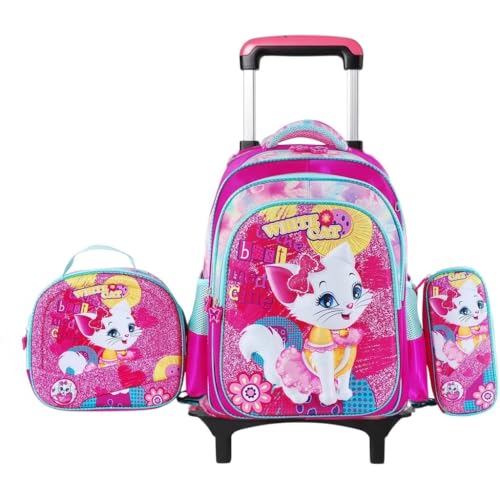 Mochila escolar de rodinhas com LED, kit 3 peças com mochila. lancheira forrada e estojo, para meninos e meninas de 6 a 12 anos (GATO 2)