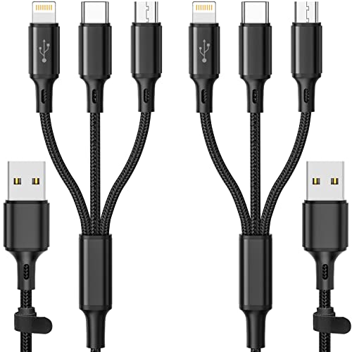 HanCenDa Multi-Ladekabel, 3-in-1, universelles USB-Kabel, organisiertes Nylon, geflochten, Schnellladekabel, Adapter mit Typ-C, Micro-USB und Lightning für iPhone 14, 13, Tablets, Samsung, LG, 2 Stück Cover