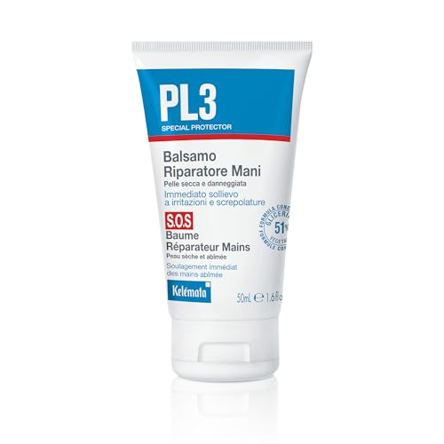 KELEMATA PL3 Balsamo Riparatore Mani SOS 50ml, Sollievo Immediato per Mani Secche e Screpolate, Formula Concentrata Rigenerante Senza Profumo, Azione Barriera Protettiva