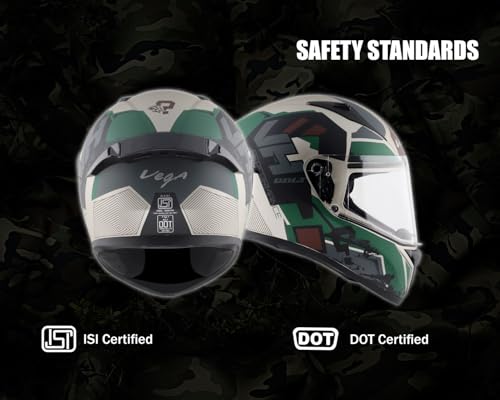 Image of Vega Bolt Army Full Face Motorcycle Helmet with Matte Shell, Shock Absorbing Liner, Comfortable Interior, Ventilated Fit, Lightweight Build, and Trendy Dull Mud Battle Green Finish Dull Mud Battle Green-L