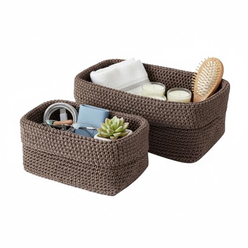 2 cestini per uncinetto, in corda di cotone, per riporre gli asciugamani degli ospiti, per bagno, camera da letto, cucina, decorazione per la casa, 21 cm + 29 cm (marrone)