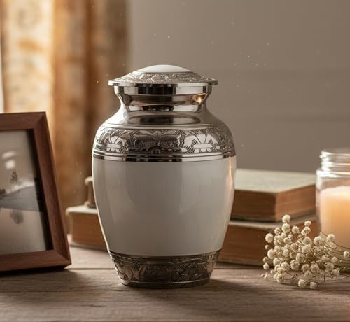 eSplanade Cremation Urn Memorial Container Jar Pot | Metal Burial Urns | Keepsake for Ashes | Brass - White - 6 Inches (Medium)